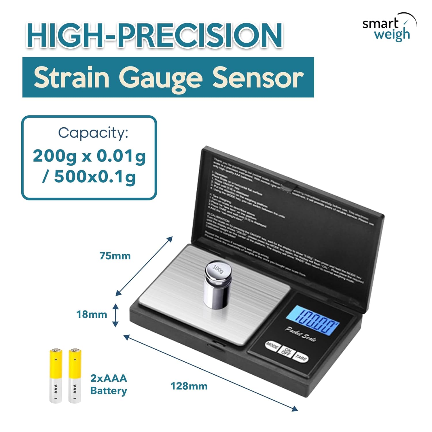 Smart Weigh Digital Pocket Gram Scale, 200g x 0.01g, Jewelry, Food, Medicine Scale, Battery Included