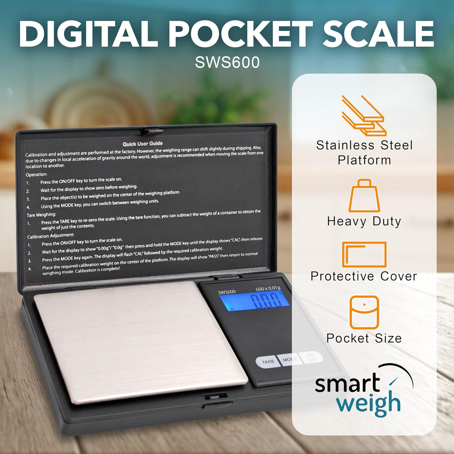 Smart Weigh SWS600 Elite Pocket Sized Digital Gram Scale,Jewelry Scale,Gram Scale,Nutrition Kitchen Scale, School Scale with Slim Design 600 x 0.1g, Black