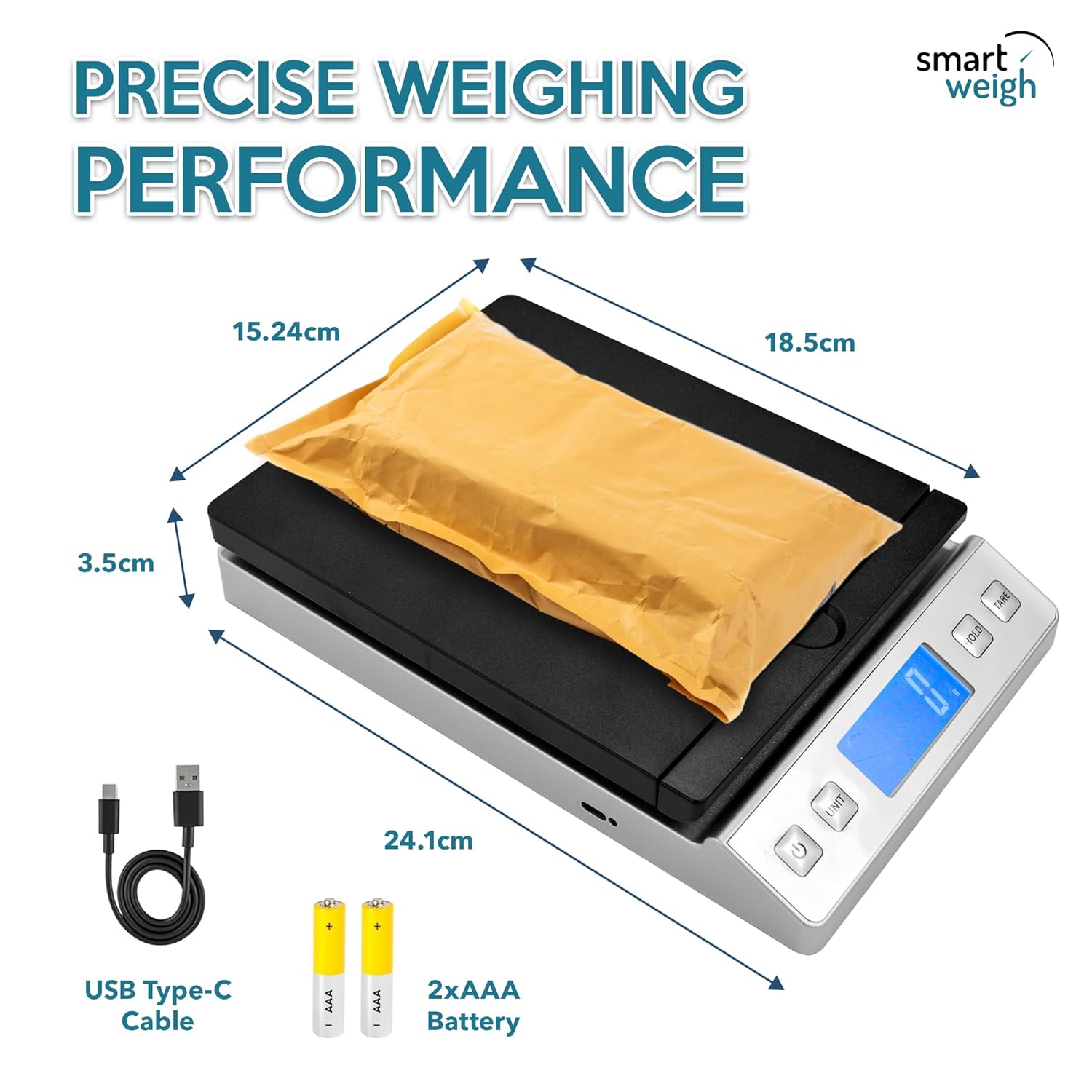 Smart Weigh Digital Shipping Scale 66LB x 0.1oz Hold and Tare Function Accurate Postal Scale for Packages Includes Batteries and AC Adapter Reliable for Mail and Shipping