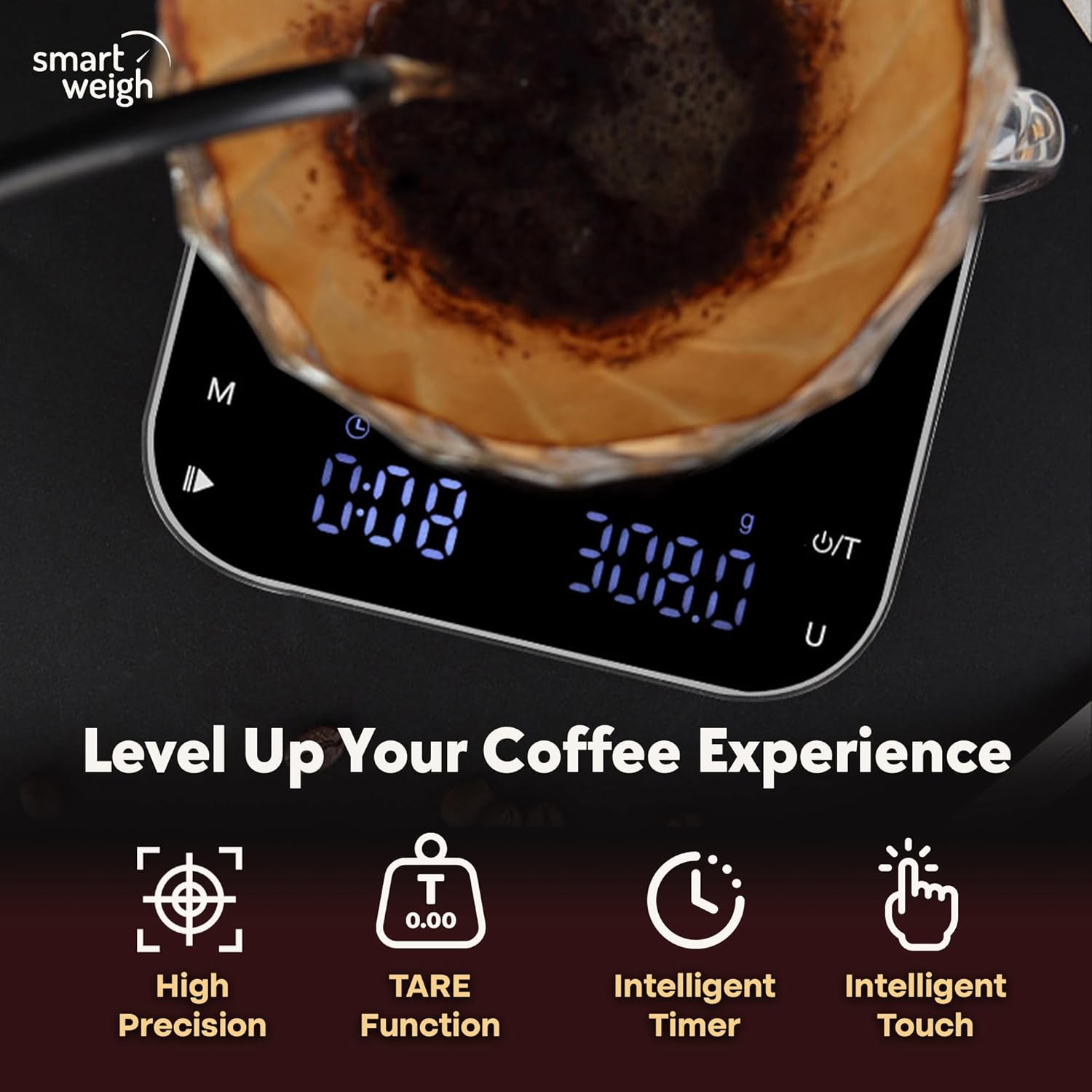 Smart Weigh High Precision Coffee Scale 3000g x 0.01g LED Display Digital Kitchen Food Scale for Baking Portable with Tare Function