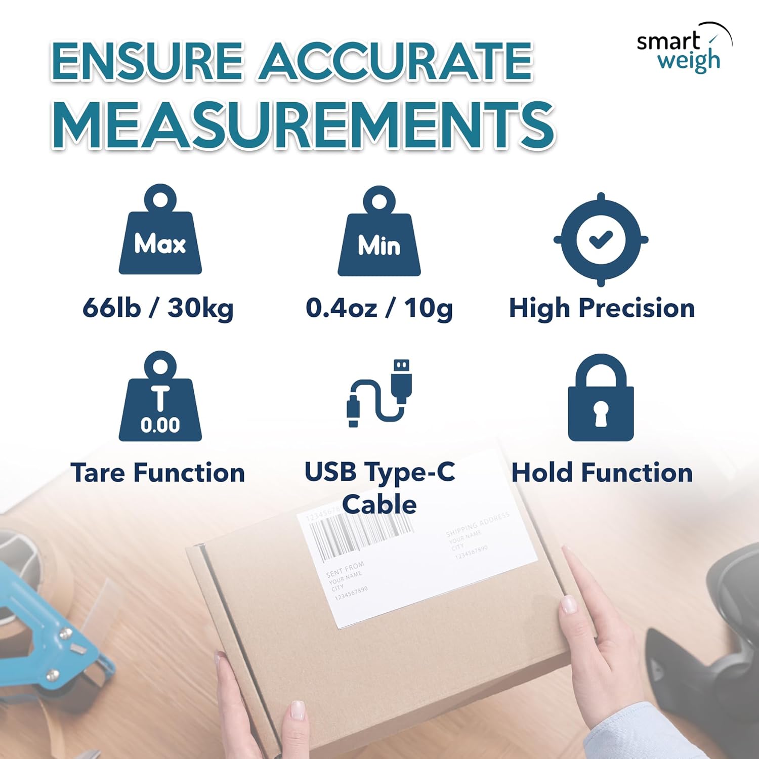 Smart Weigh Digital Shipping Scale 66LB x 0.1oz Hold and Tare Function Accurate Postal Scale for Packages Includes Batteries and AC Adapter Reliable for Mail and Shipping