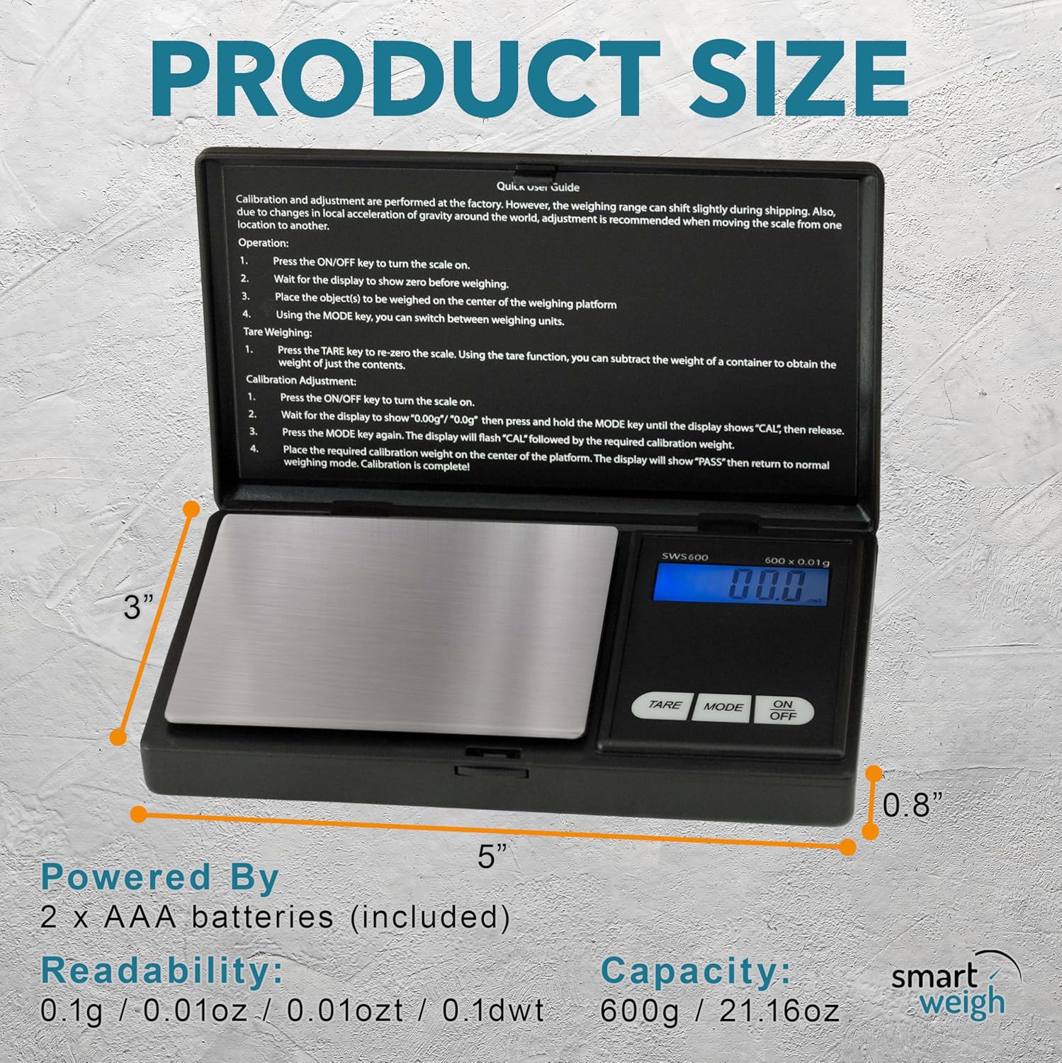 Smart Weigh SWS600 Elite Pocket Sized Digital Gram Scale,Jewelry Scale,Gram Scale,Nutrition Kitchen Scale, School Scale with Slim Design 600 x 0.1g, Black