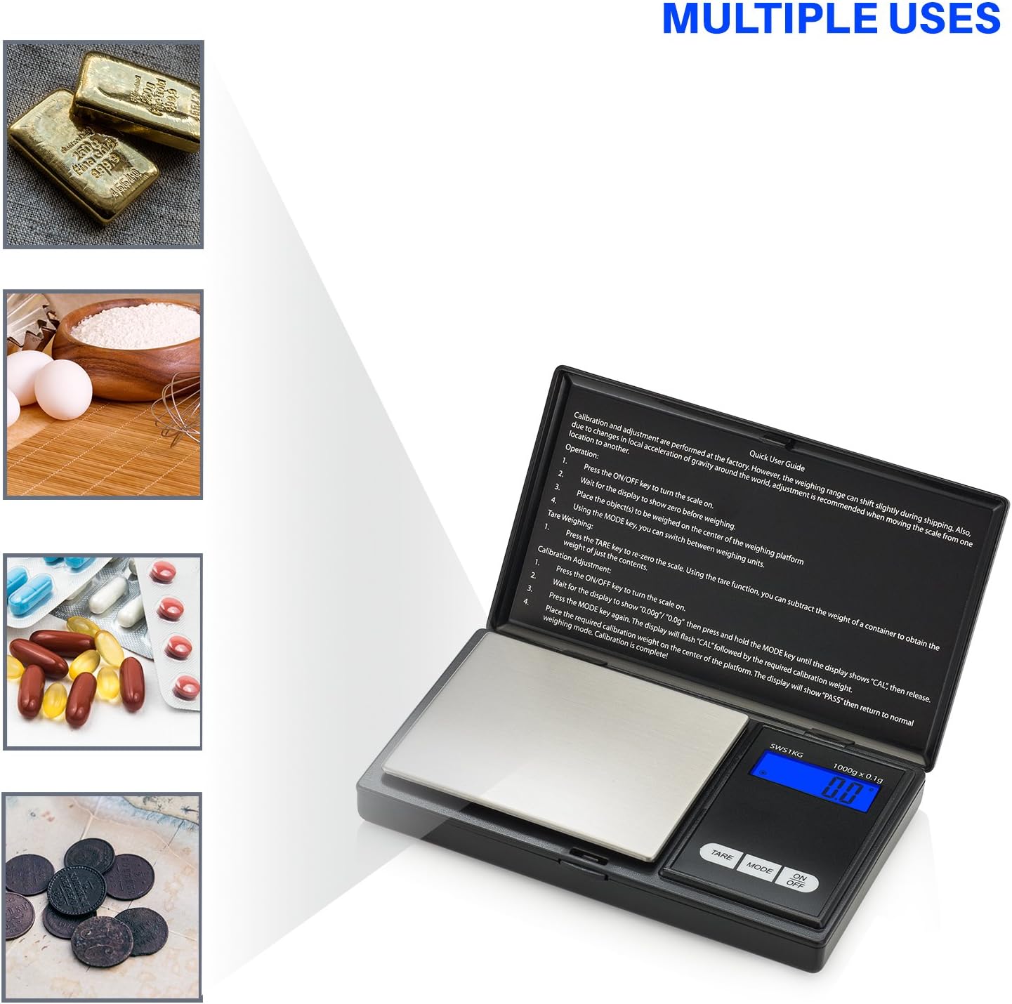 Smart Weigh Digital Pocket Gram Scale, 1000g x 0.1 Grams, Digital Gram Scale, Jewelry Scale, Food Scale, Medicine Scale, Kitchen Scale Black, Battery Included
