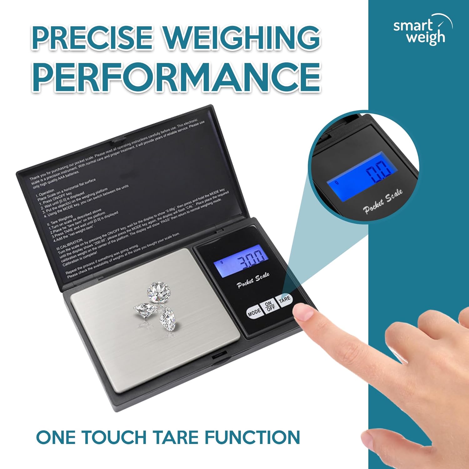 Smart Weigh Digital Pocket Gram Scale, 200g x 0.01g, Jewelry, Food, Medicine Scale, Battery Included