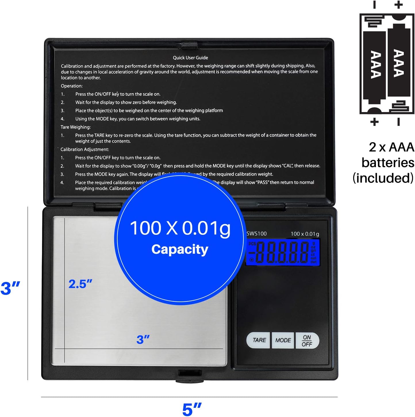 Smart Weigh Digital Pocket Gram Scale,100g x 0.01g Digital Gram Scale, Jewelry Scale, Food Scale, Kitchen Scale Black, Battery Included