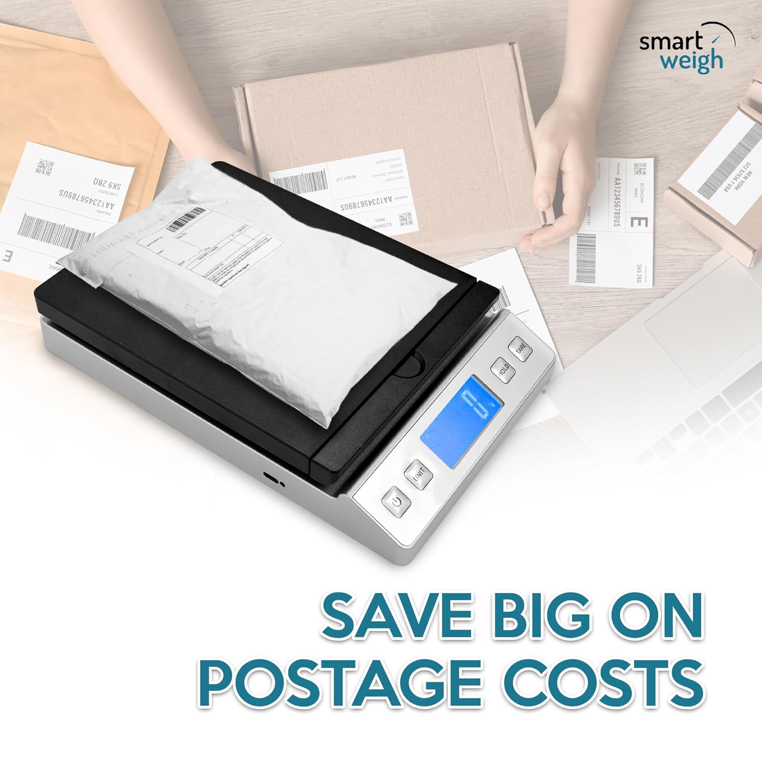 Smart Weigh Digital Shipping Scale 66LB x 0.1oz Hold and Tare Function Accurate Postal Scale for Packages Includes Batteries and AC Adapter Reliable for Mail and Shipping