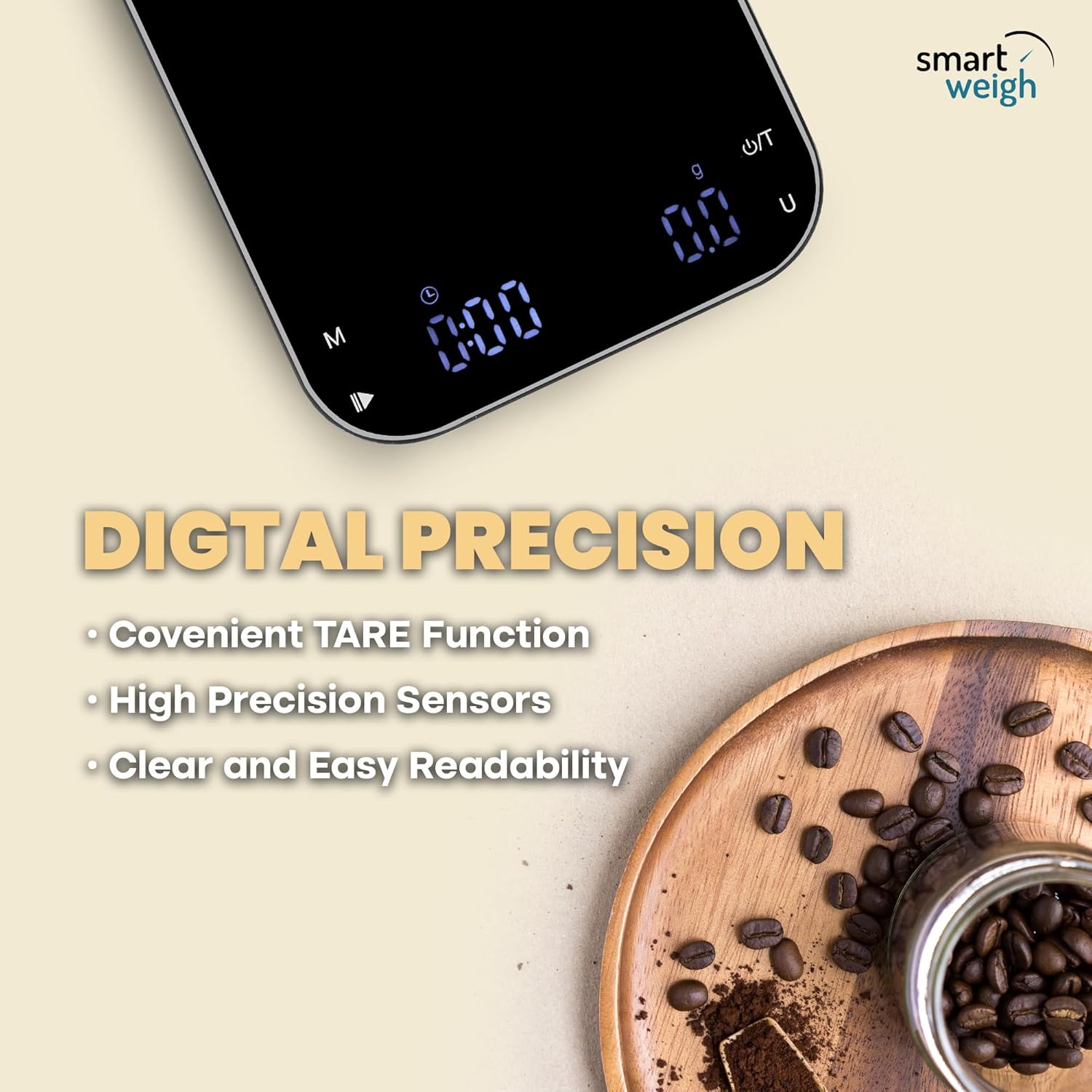 Smart Weigh High Precision Coffee Scale 3000g x 0.01g LED Display Digital Kitchen Food Scale for Baking Portable with Tare Function